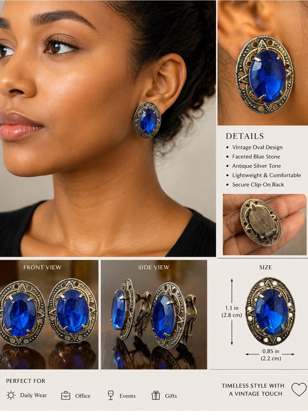 Vintage Oval Blue Faceted Clip-On Earrings